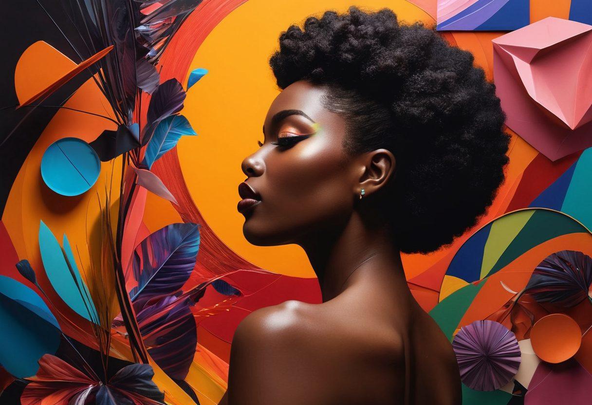 A captivating collage depicting an expressive black figure in an intimate setting, surrounded by bold, abstract shapes that symbolize liberation and sensuality. Include vibrant colors to evoke emotion and depth, with elements of film reels and camera flashes to represent visual content. The background should be a dynamic blend of colors, enhancing the theme of pleasure and exploration. Use a mix of realistic and artistic styles, not overly explicit but suggestive in nature. 3D effect. vibrant colors.