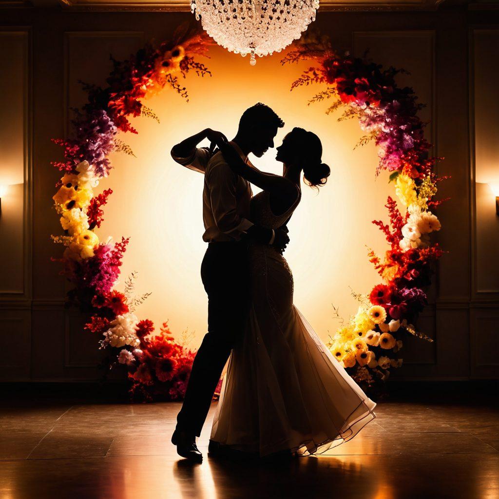 A captivating scene of two silhouettes entwined in a dance, surrounded by soft, warm lighting that evokes a sense of intimacy and joy. Incorporate elements like vibrant flowers and plush fabrics that enhance the ambiance. Include subtle hints of glamour, such as sparkling champagne flutes nearby, symbolizing celebration and connection. The background should feature abstract shapes that suggest movement and flow, creating a sensual and inviting atmosphere. super-realistic. warm colors. soft focus.