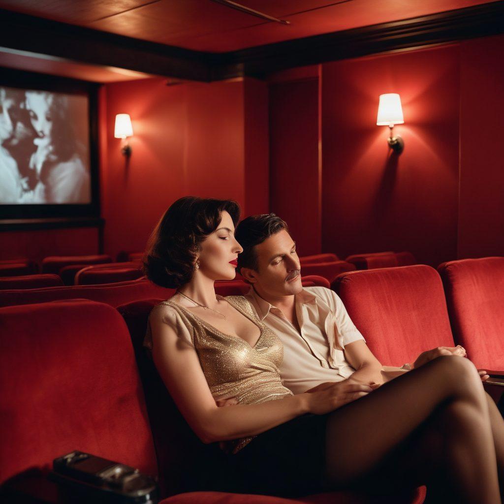 A captivating scene of a cozy, dimly-lit cinema where mature couples are enjoying a classic erotic film, displaying subtle gestures of pleasure and connection. The ambiance features plush red velvet seats, a vintage projector casting alluring images on the screen, and soft romantic lighting that enhances the intimate atmosphere. The audience embodies a sense of joy and satisfaction, reflecting the theme of exploration in mature erotic films. super-realistic. warm tones. vintage style.